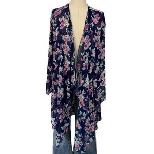 Bellina Floral Kimono Topper Sz XL Navy Pink Long Sleeve Feminine Pretty EUC